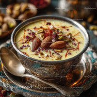 Saffron and Nut Garnished Indian Dessert in Silver Bowl