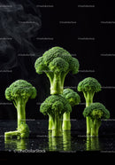 Fresh broccoli florets with steam on black surface