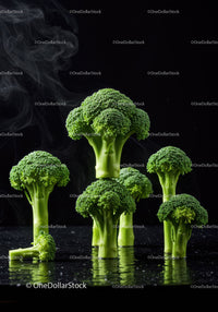 Fresh broccoli florets with steam on black surface