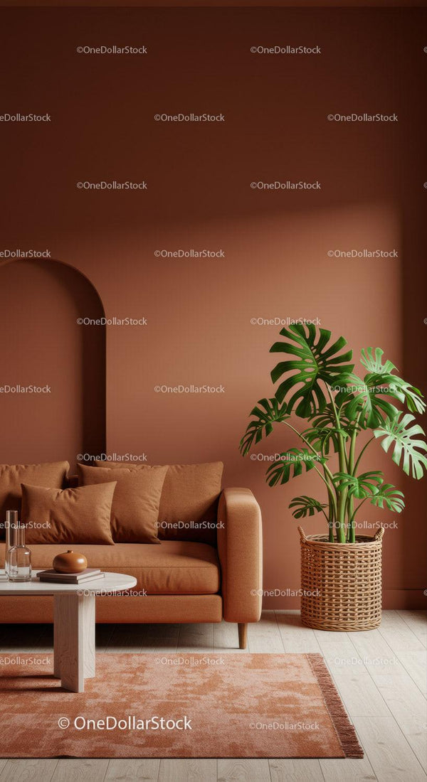 Stylowy nowoczesny salon z zieloną rośliną Monstera i terakotową ścianą