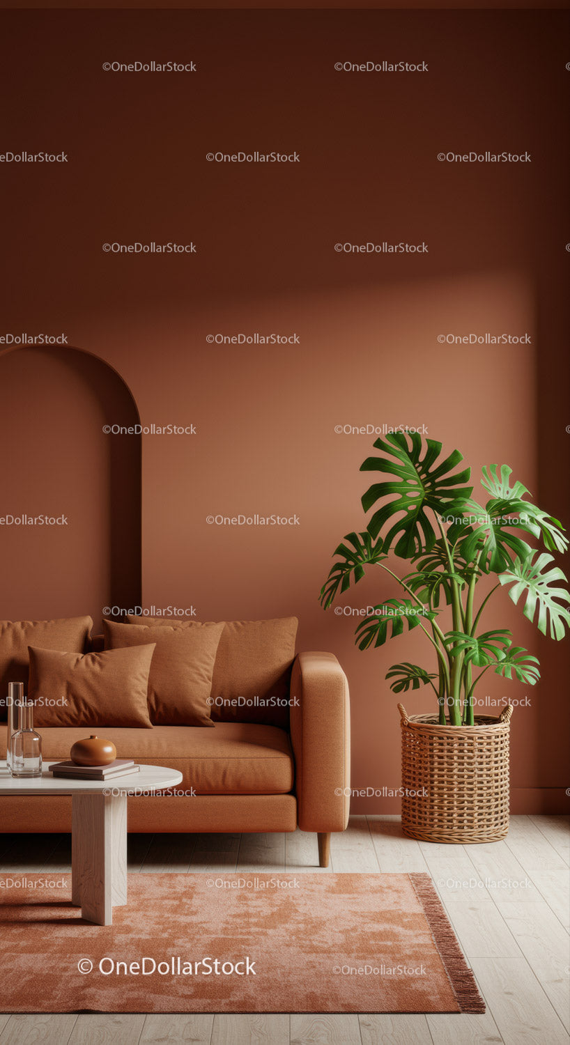 Stylowy, nowoczesny salon z zieloną rośliną Monstera i ścianą z terakoty