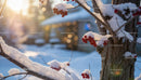 Sunlit snow-covered branches with red berries and pine cones