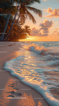 Tropical Beach Sunset with Palm Trees and Ocean Waves