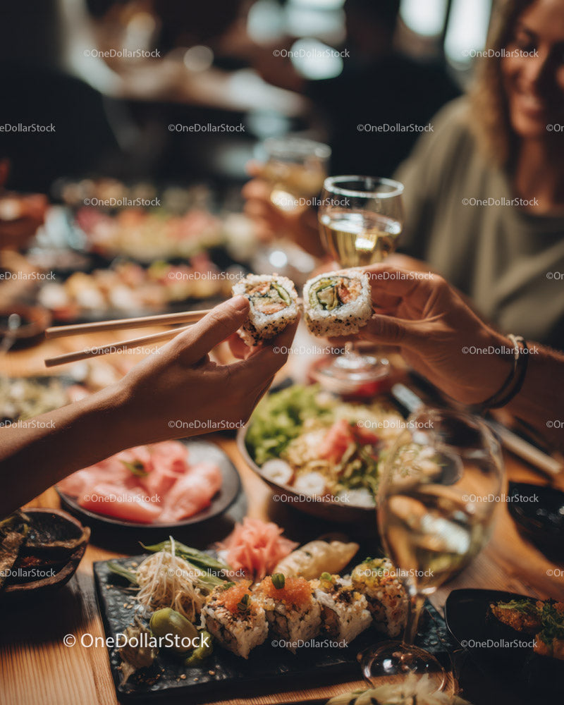 Group Sharing Sushi and Drinks at Modern Asian Restaurant