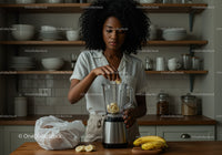Woman Preparing Banana Smoothie in Modern Kitchen for Healthy Lifestyle