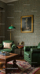 Cozy vintage sitting area with green leather chairs