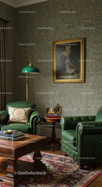 Cozy vintage sitting area with green leather chairs