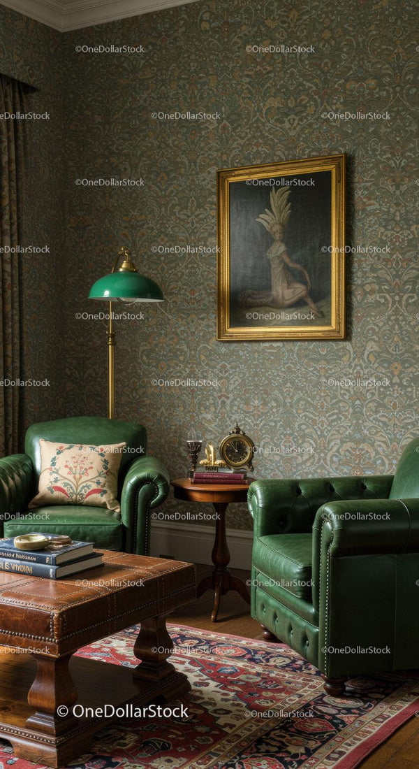 Cozy vintage sitting area with green leather chairs