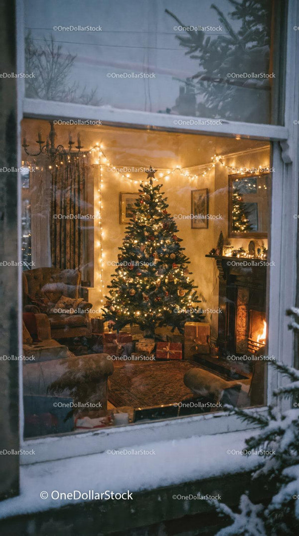 Cozy Living Room with Decorated Christmas Tree and Fireplace