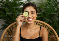 Young Woman in Black Tank Top Applying Facial Mask with Cucumber on Forehead