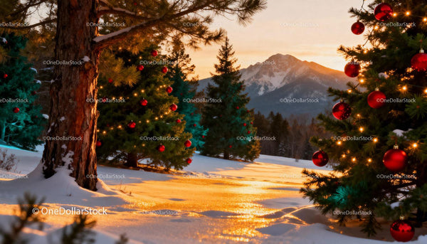Decorated Christmas Trees in Snowy Mountain Landscape
