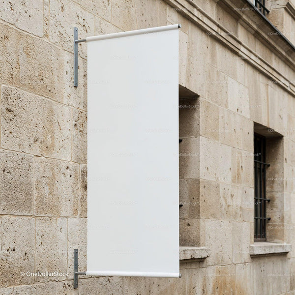 Blank Vertical Banner on Stone Wall Outdoor JPG Mockup Image