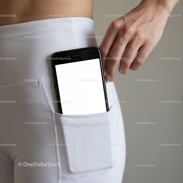 Smartphone tucked into white leggings pocket JPG Mockup Image