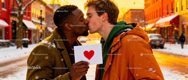 Romantic winter kiss between two men with heart card