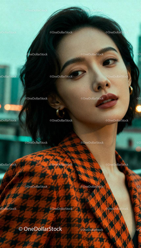 Contemplative woman in stylish orange check blazer
