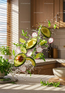 Fresh avocado salad ingredients splashing in kitchen light