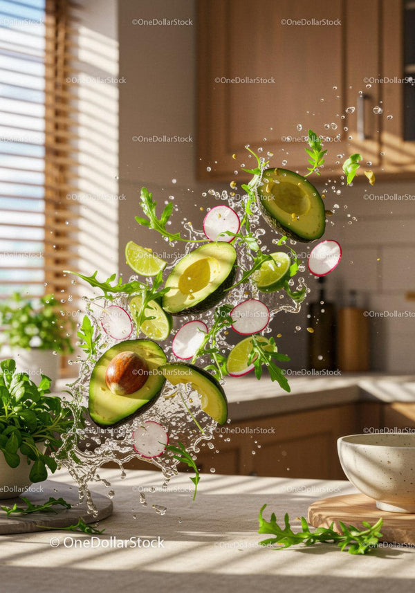 Fresh avocado salad ingredients splashing in kitchen light
