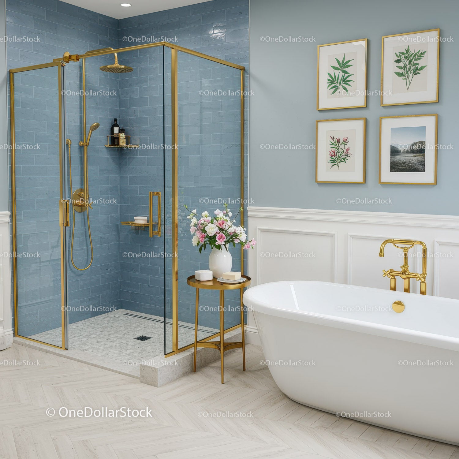 Elegant bathroom with gold accents and blue tiles