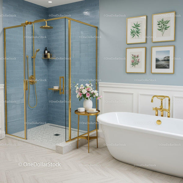 Elegant bathroom with gold accents and blue tiles