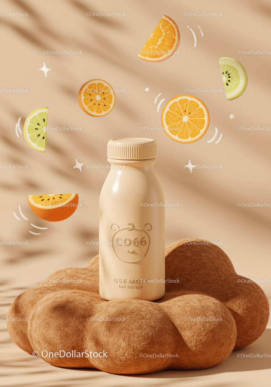 Minimalistic bottle with vibrant citrus fruit slices floating