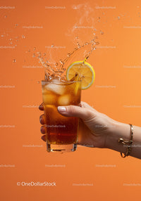 Refreshing iced tea splash with lemon slice in hand