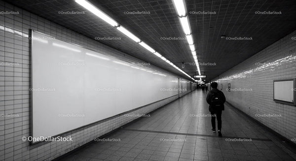 Underground subway tunnel with fluorescent lighting and tiled walls JPG Mockup Image