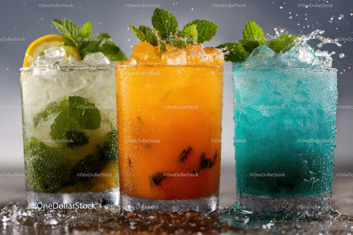 Vibrant Iced Cocktails with Mint and Fruit Garnishes
