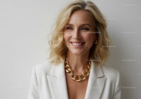 Elegant Blonde Woman in White Blazer Wearing Gold Chain Necklace