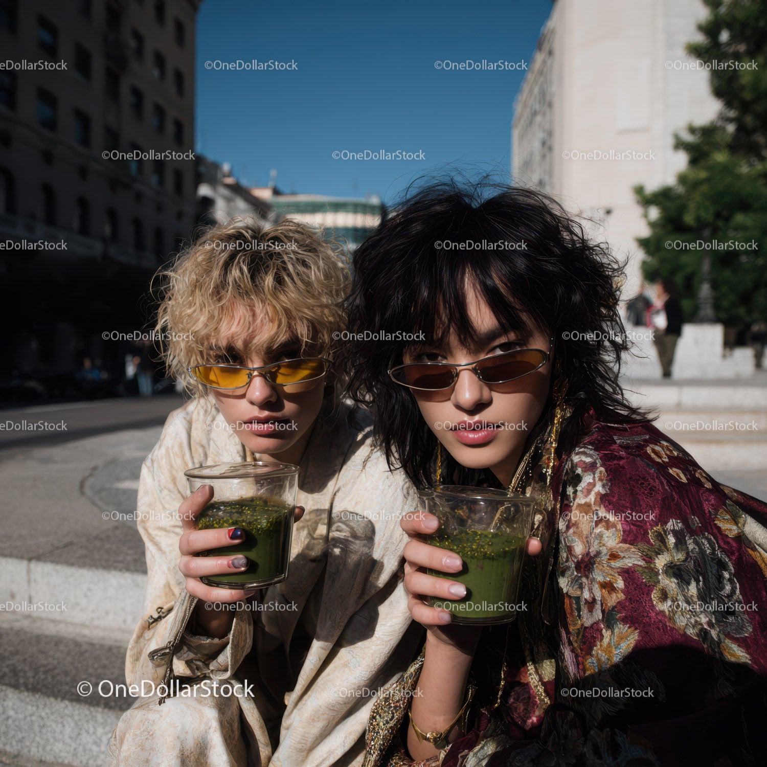 Stylish Women with Green Cocktails in Urban City Scene