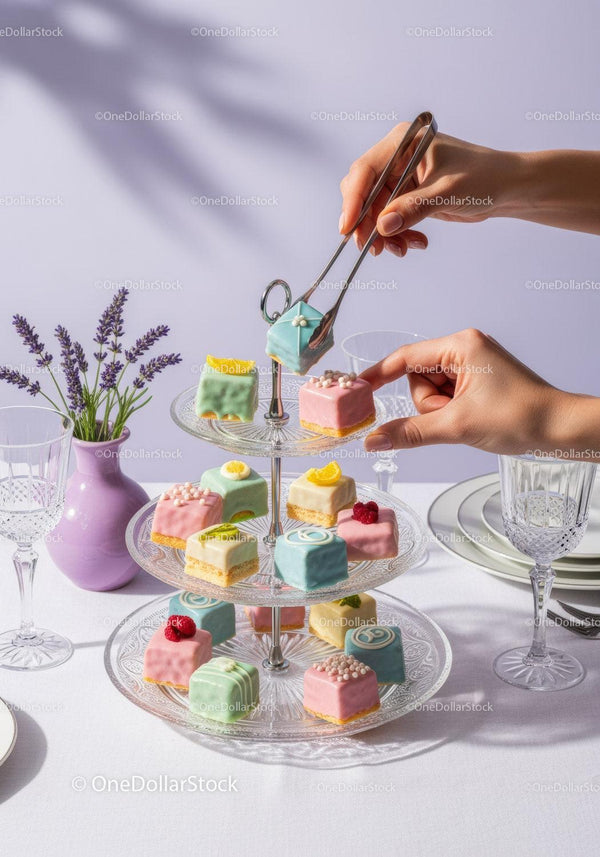 Elegant Tiered Cake Stand with Colorful Mini Cakes and Lavender Bouquet