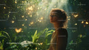Woman in a Tropical Jungle with Sunlight and Butterflies