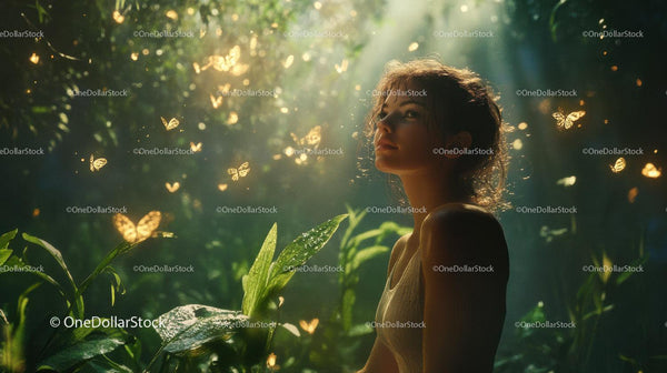 Woman Surrounded By Glowing Butterflies In Forest