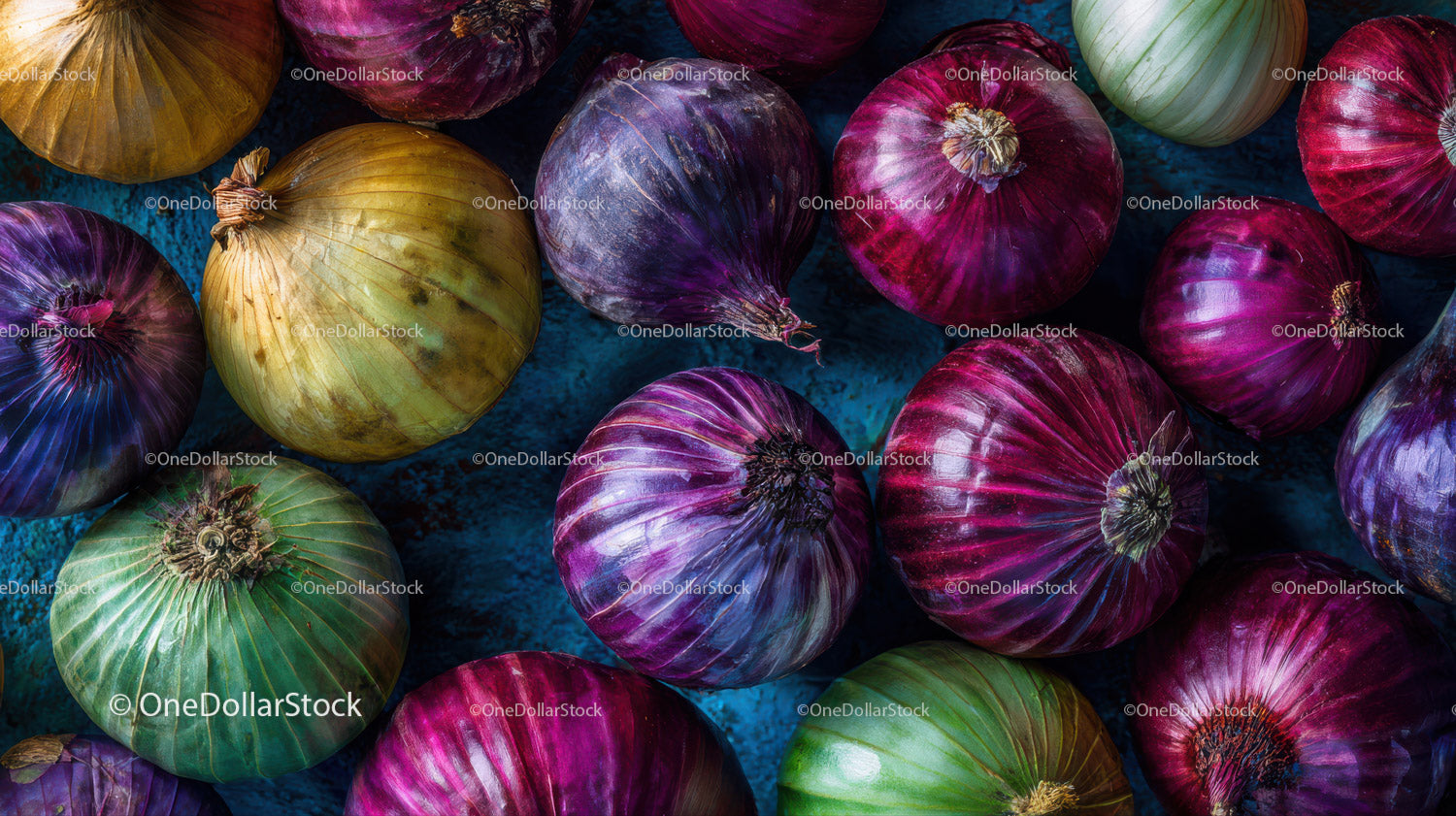 Colorful Onion Bunches in a Vibrant Market Scene