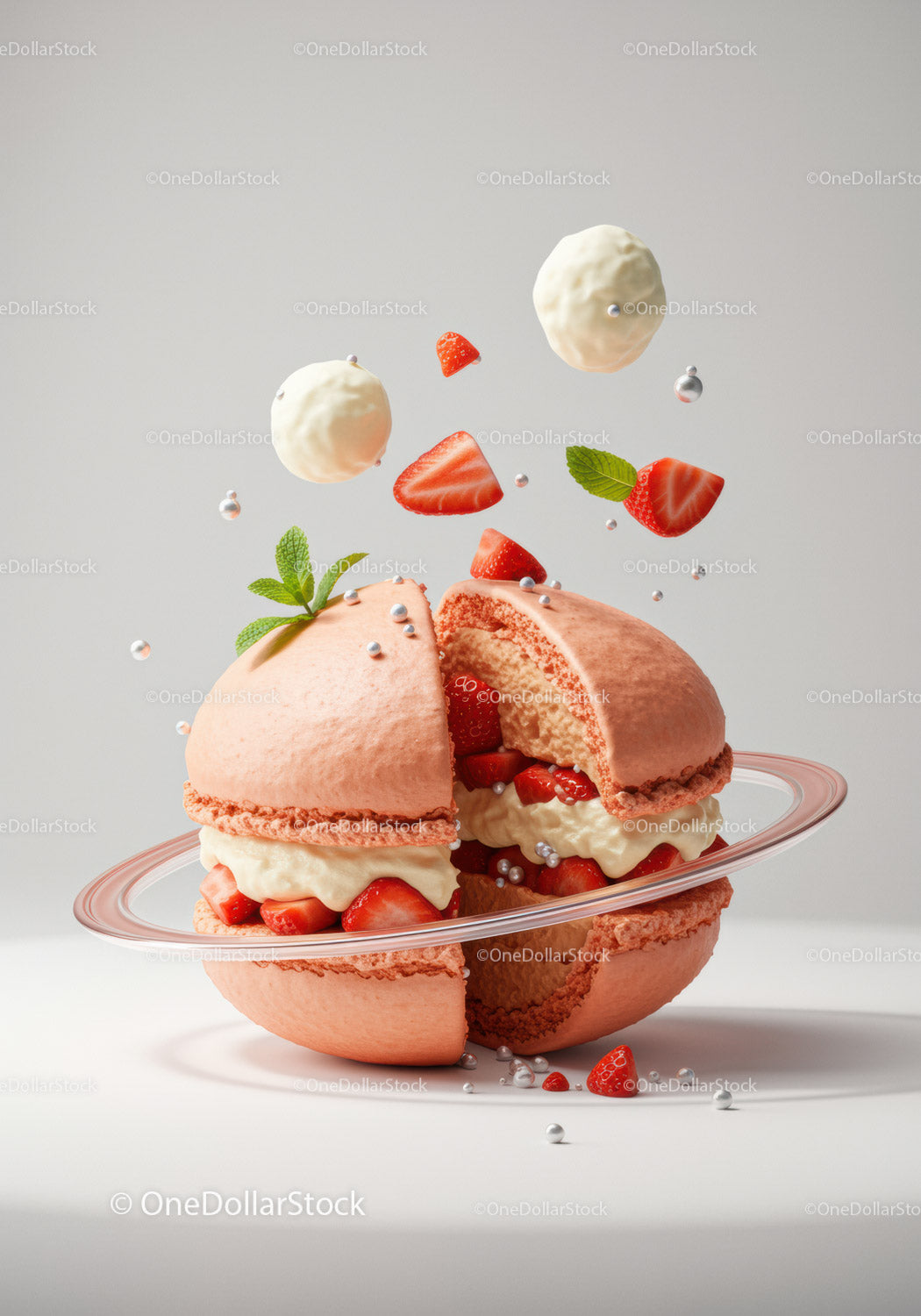 Strawberry Macaron Dessert with Cream and Mint