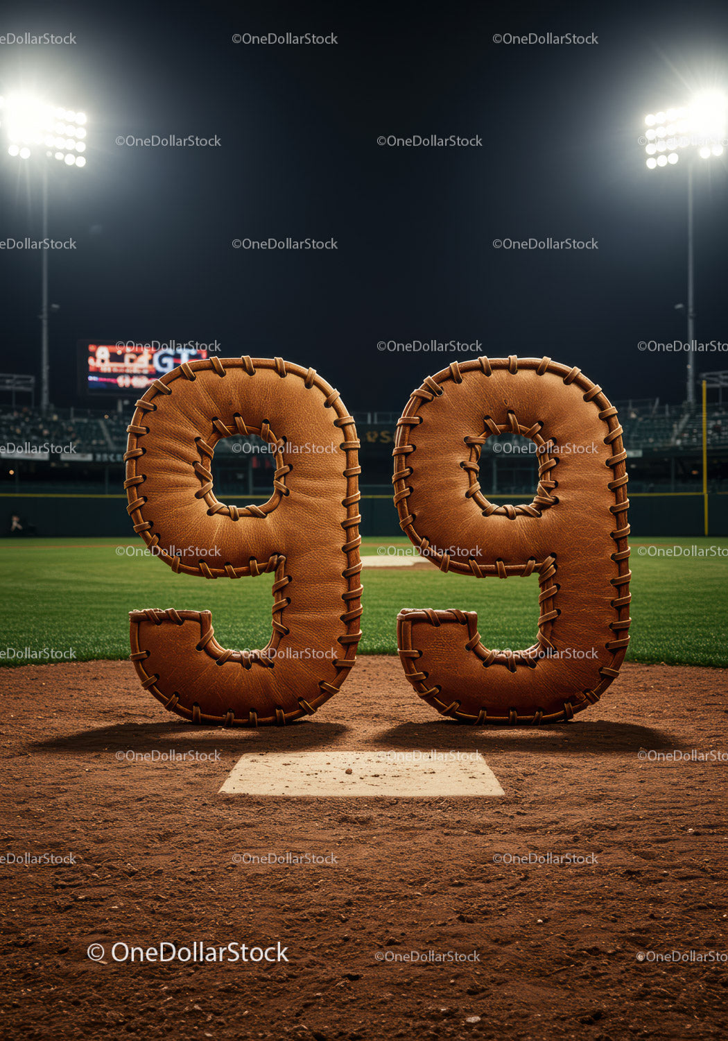 Leather baseball glove shaped number ninety nine on field