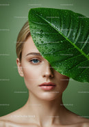 Woman with Beautiful Clear Skin and a Large Green Leaf with Dewdrops