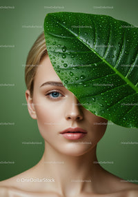Woman with Beautiful Clear Skin and a Large Green Leaf with Dewdrops