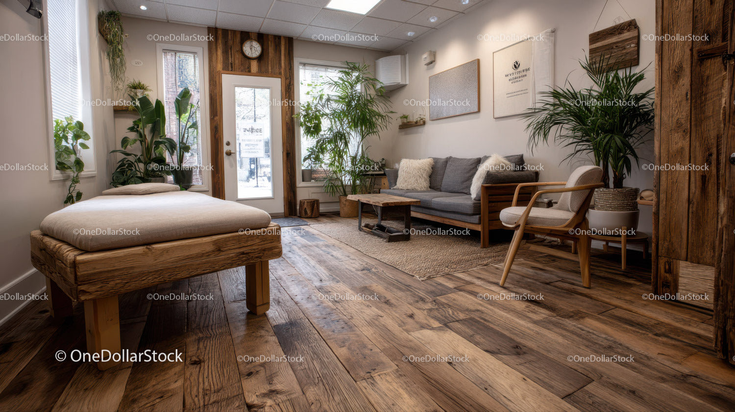 Modern Cozy Living Room with Green Plants and Wooden Flooring