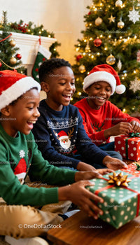 Joyful Children Exchanging Gifts in Festive Living Room
