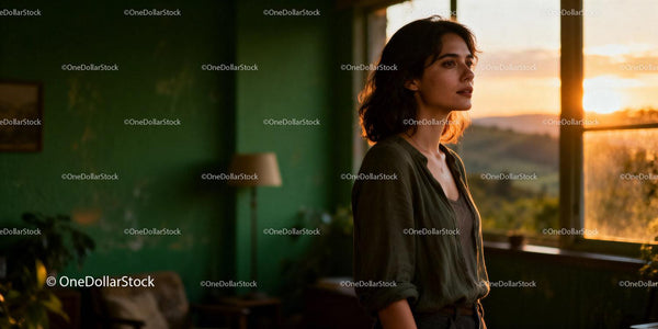 Młoda kobieta zamyślona przy oknie o złotej godzinie