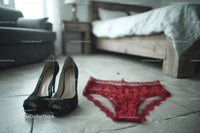 Chic Black Heels and a Red Lace Dress in a Cozy Bedroom Setting