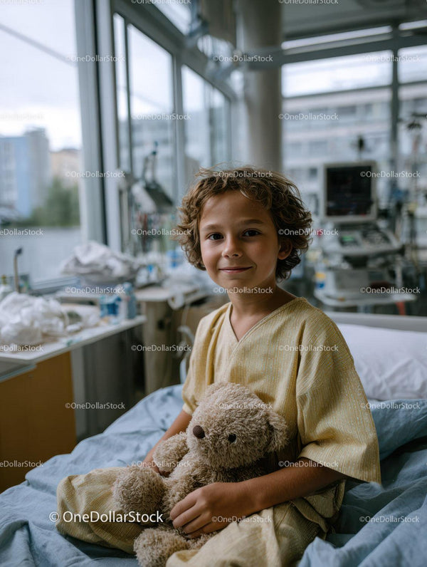 Young Boy in Hospital Room Holding Teddy Bear with Cheerful Expression