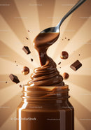 Creamy chocolate spread with hazelnuts dripping from spoon