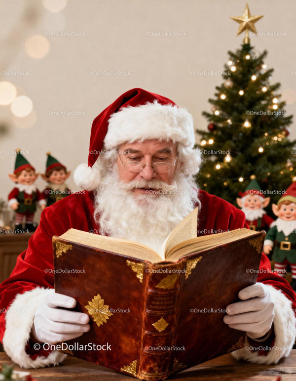Santa Claus Reading Classic Book by Christmas Tree
