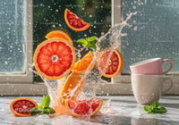 Fresh citrus slices splashing into water with mint leaves