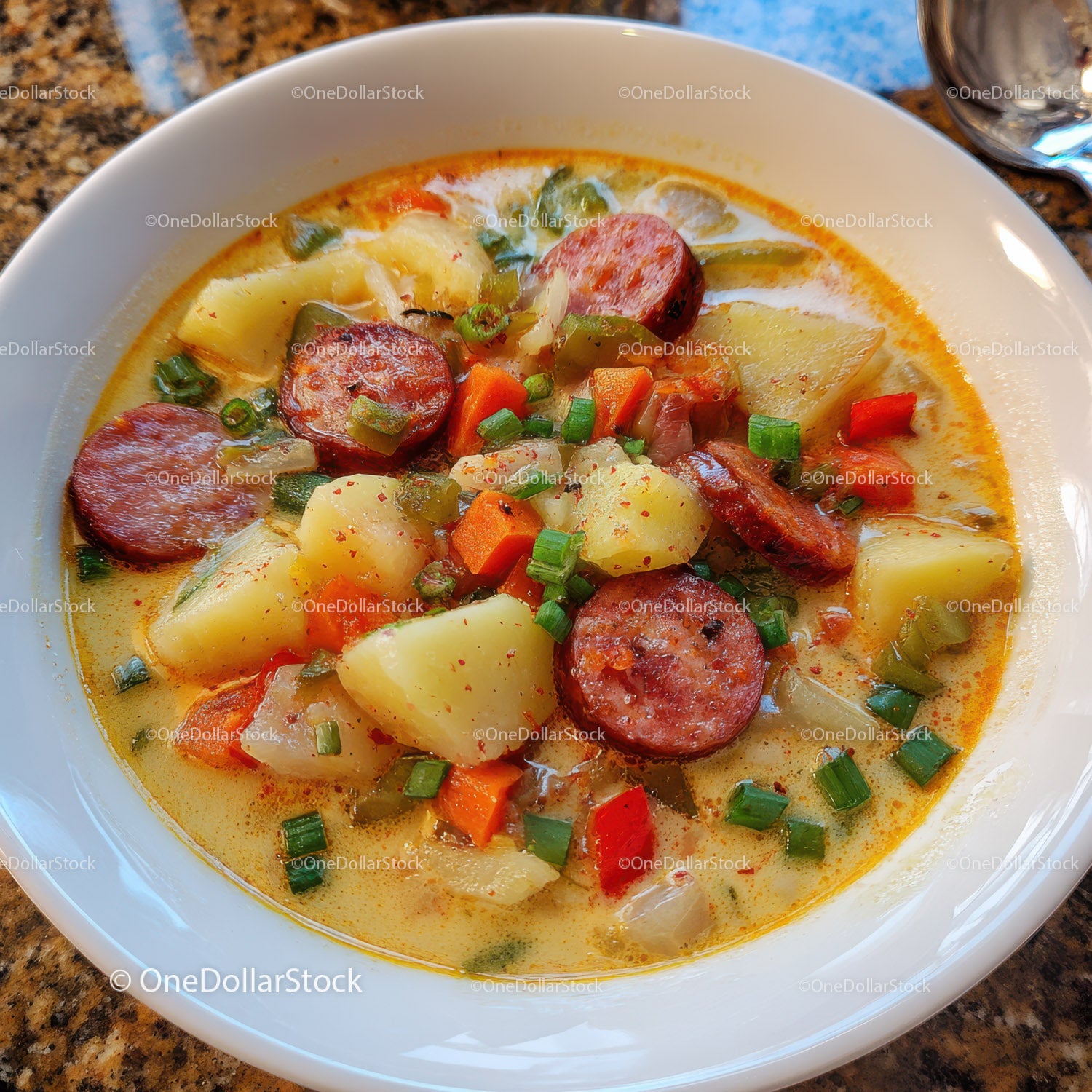 Hearty Potato and Sausage Soup with Carrots and Green Onions
