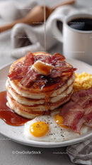 Stack of Fluffy Pancakes with Syrup Bacon and Coffee