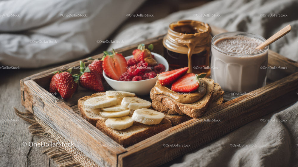 Healthy Breakfast with Fresh Fruit and Toast on Wooden Tray