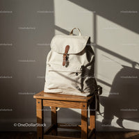 Beige Canvas Backpack on Wooden Stool with Sunlight