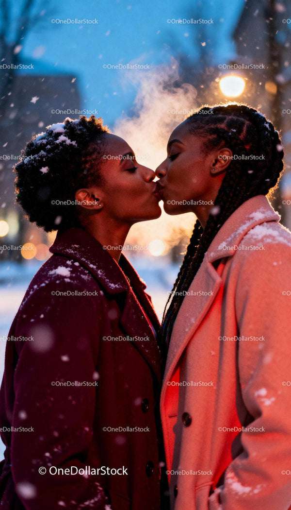 Couple sharing a tender kiss in snowy evening light